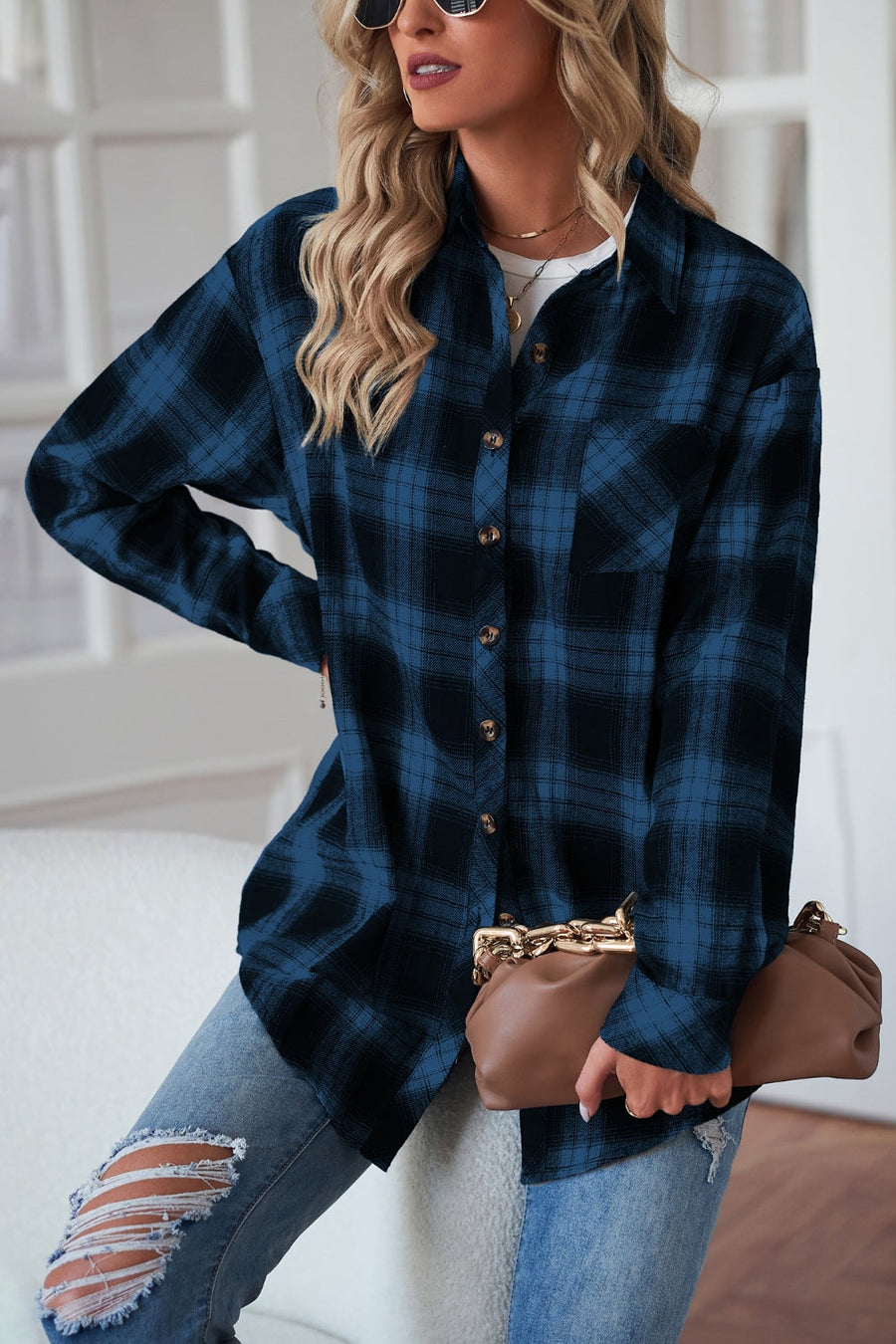 Dreamer Plaid Drop-Shoulder Jacket in Dark Blue with button front and chest pocket.