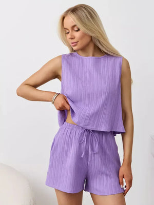 Purple textured cotton tank top and drawstring shorts set
