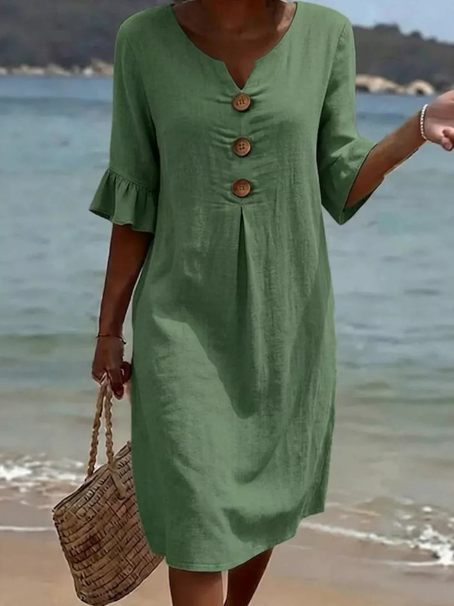 Full Size Casual Button Midi Dress With Ruffle Sleeves in Yellow