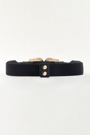 Black elastic belt with double gold western-inspired buckles and gold stud detail