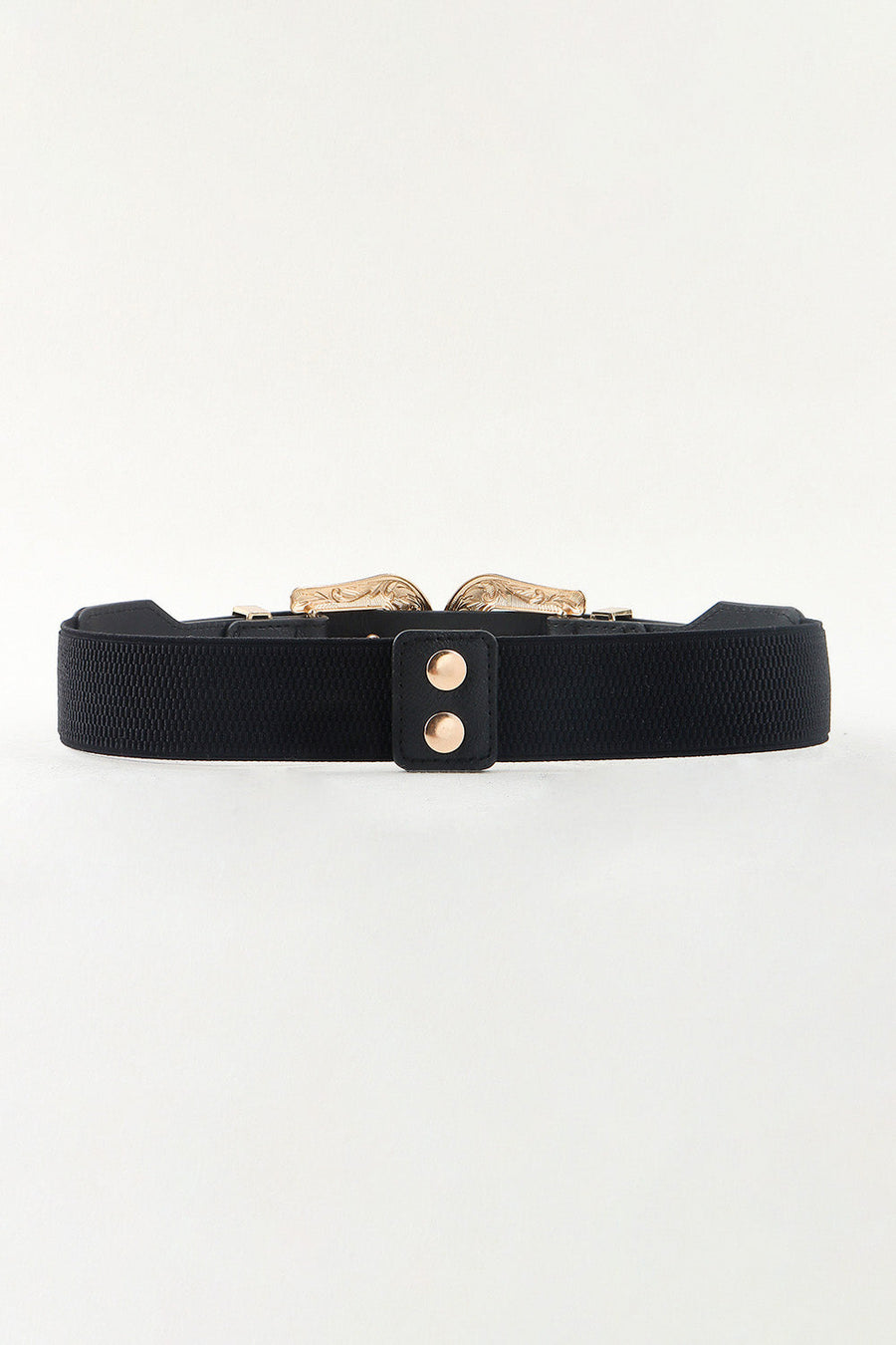 Black elastic belt with double gold western-inspired buckles and gold stud detail