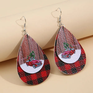 Festive plaid drop earrings with red car and Christmas tree design.