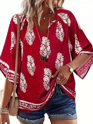 Printed Notched 3/4 Sleeve Blouse option 7