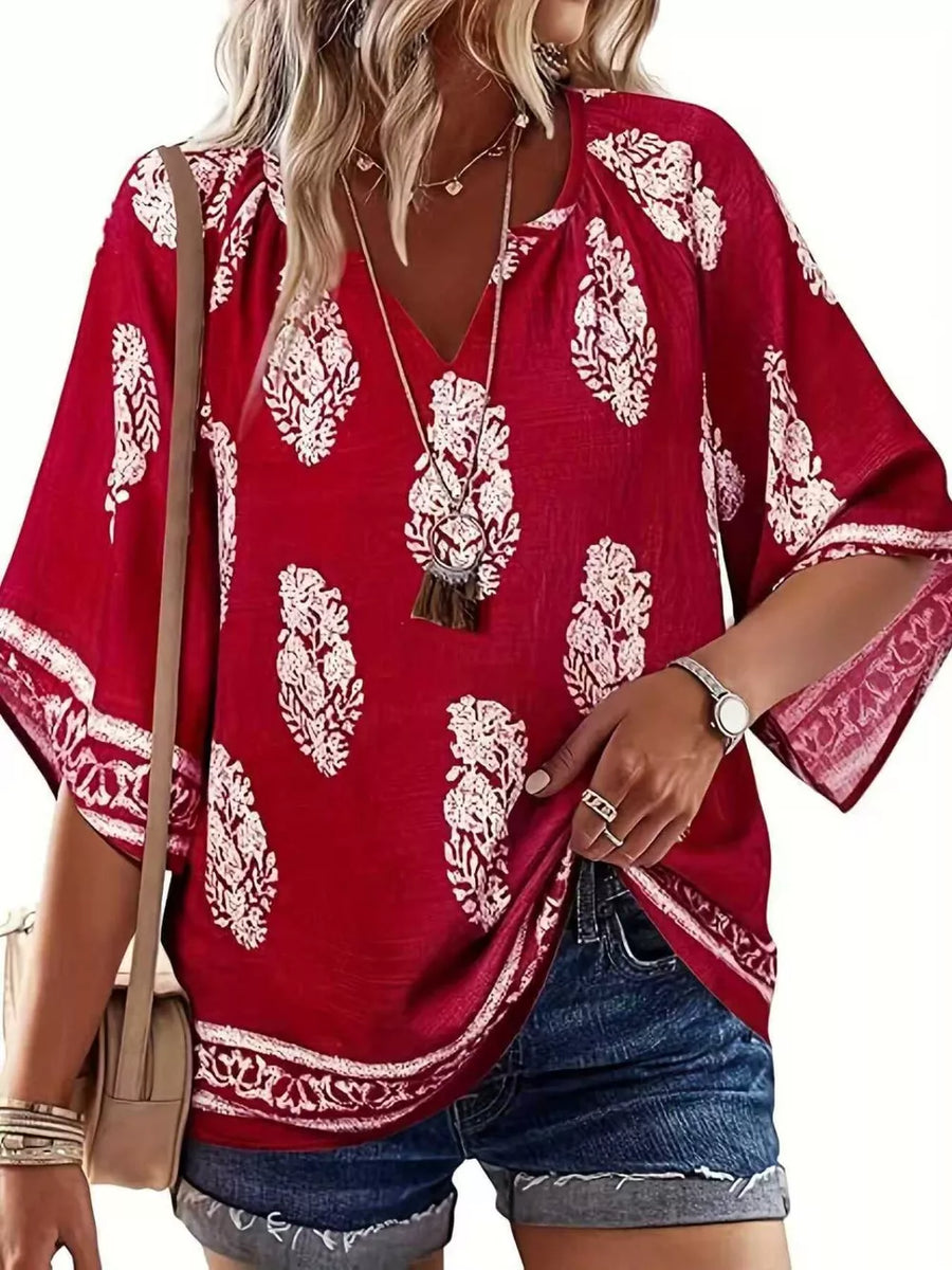 Printed Notched 3/4 Sleeve Blouse option 7