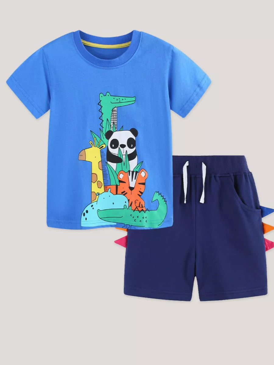 Blue cotton t-shirt and navy shorts set with whimsical animal print and dinosaur tail details.