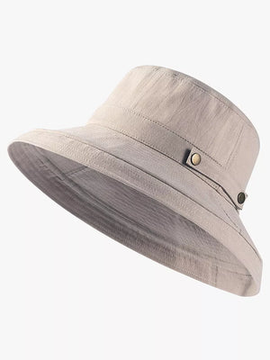 Khaki cotton bucket hat with wide brim and brass hardware detail