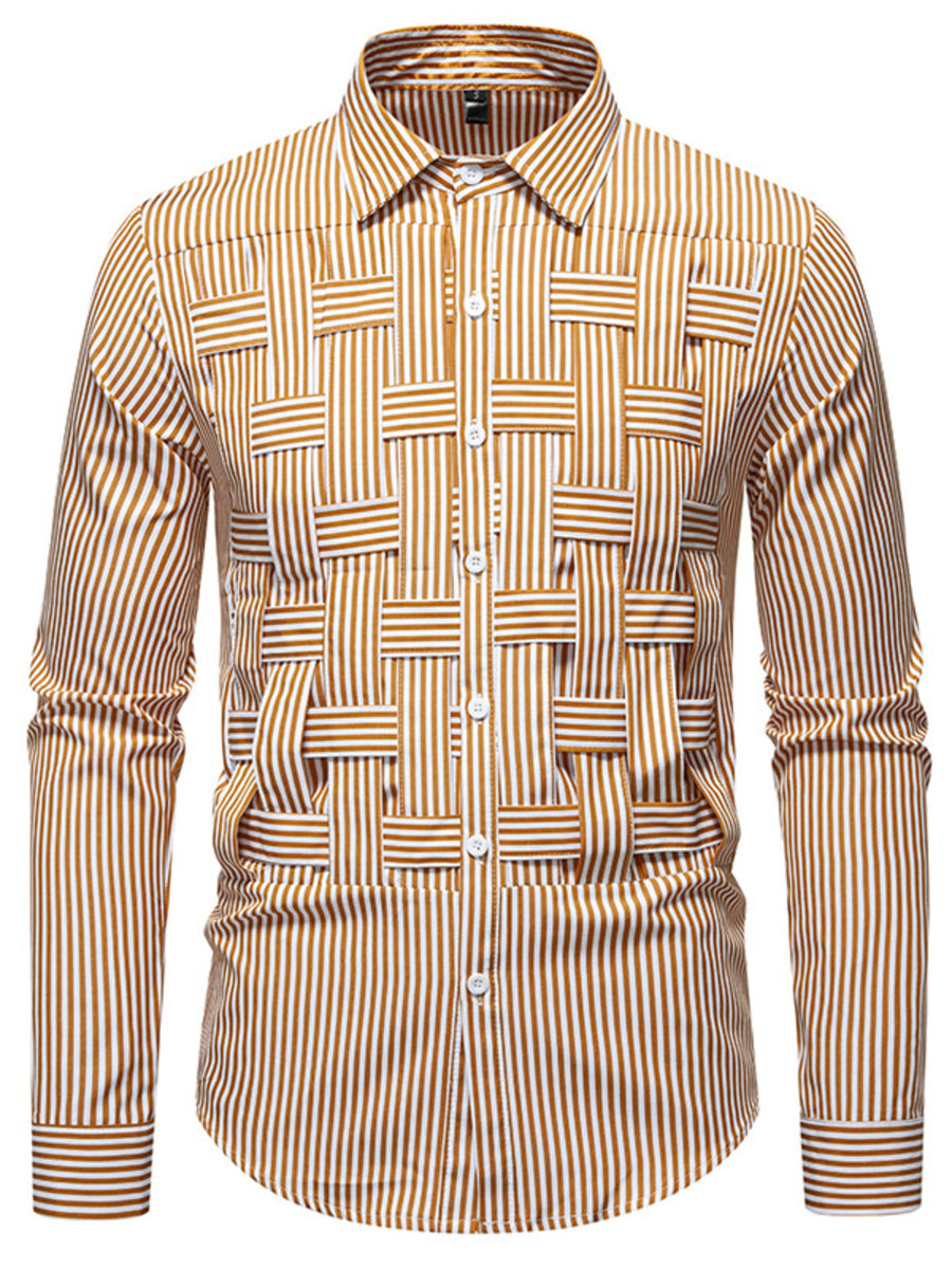 Men's brown and white striped woven long sleeve button-down shirt