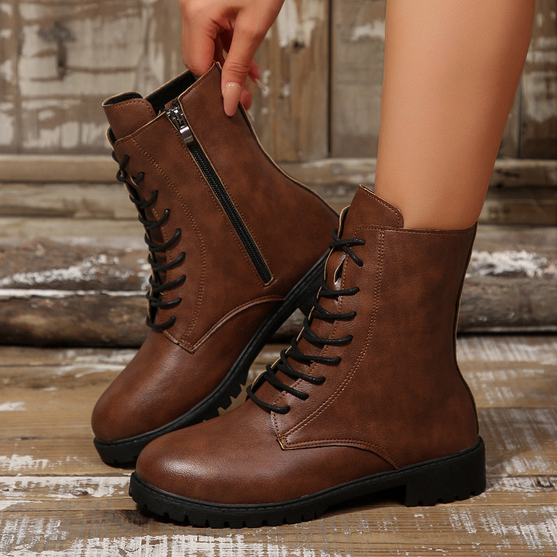 Low-Heel Round Toe Lace Up Boots in Dark Brown with round toe