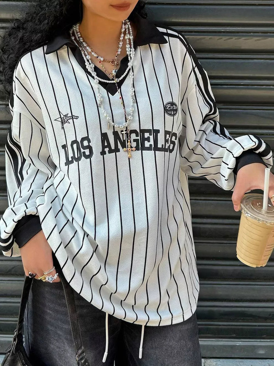 Los Angeles striped long-sleeve t-shirt with a black collar and cuffs.