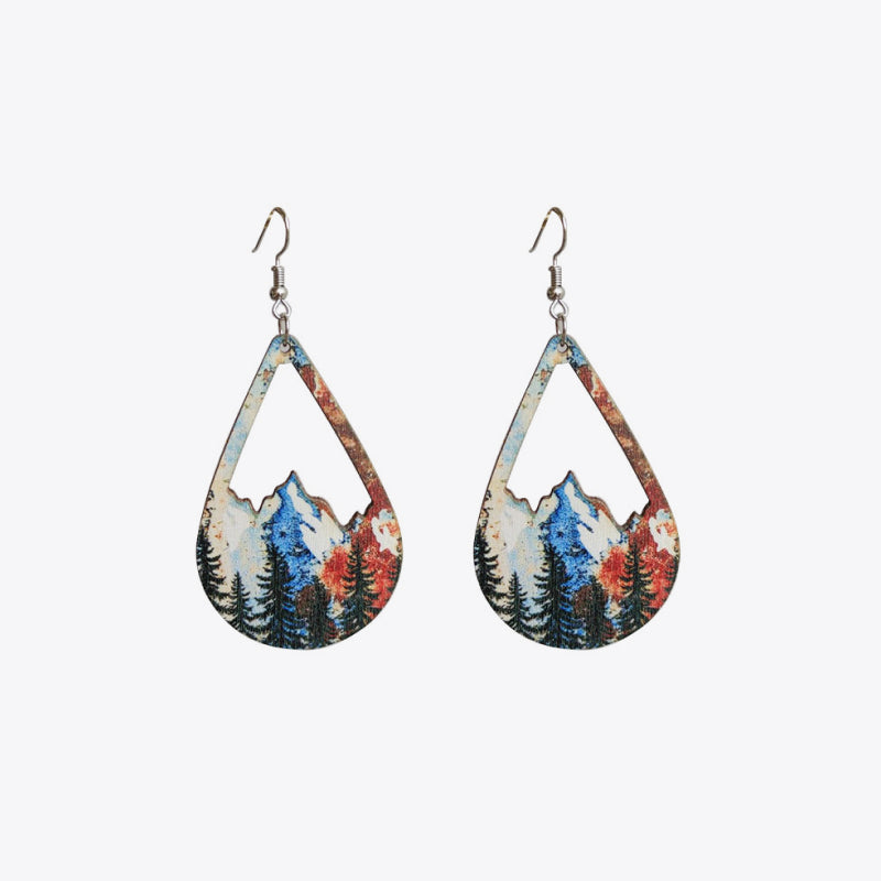 Teardrop silhouette earrings with mountain and forest scene, Style C