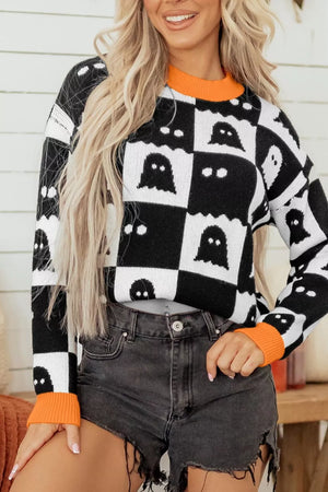 black pullover sweater with checkerboard and crew neck