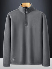 Plus-size dark gray quarter zip sweatshirt with fleece texture and embroidered logo detail.