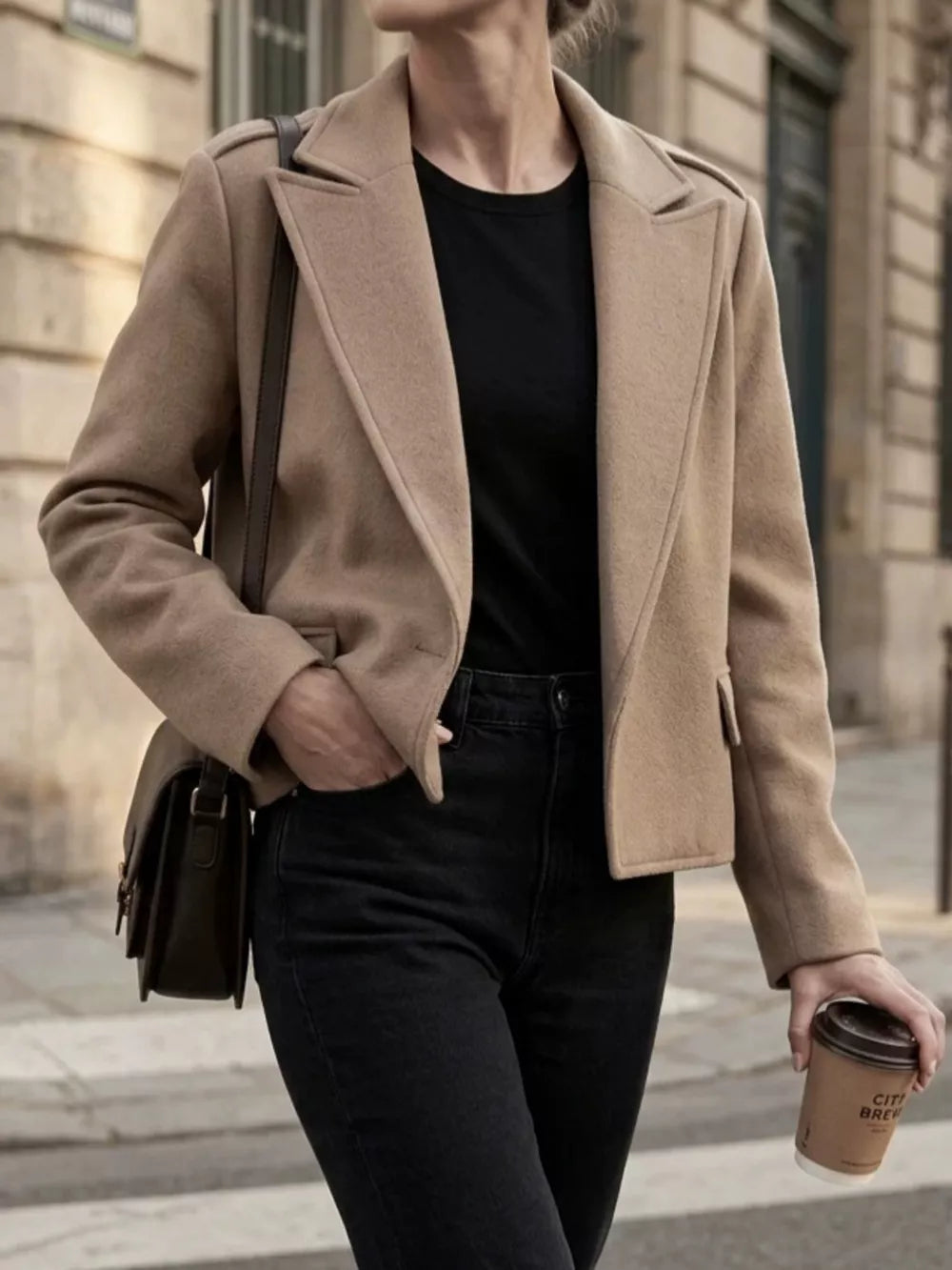 90% Polyester, 10% Rayon Care instructions: Machine wash cold blazer in Khaki with boxy silhouette