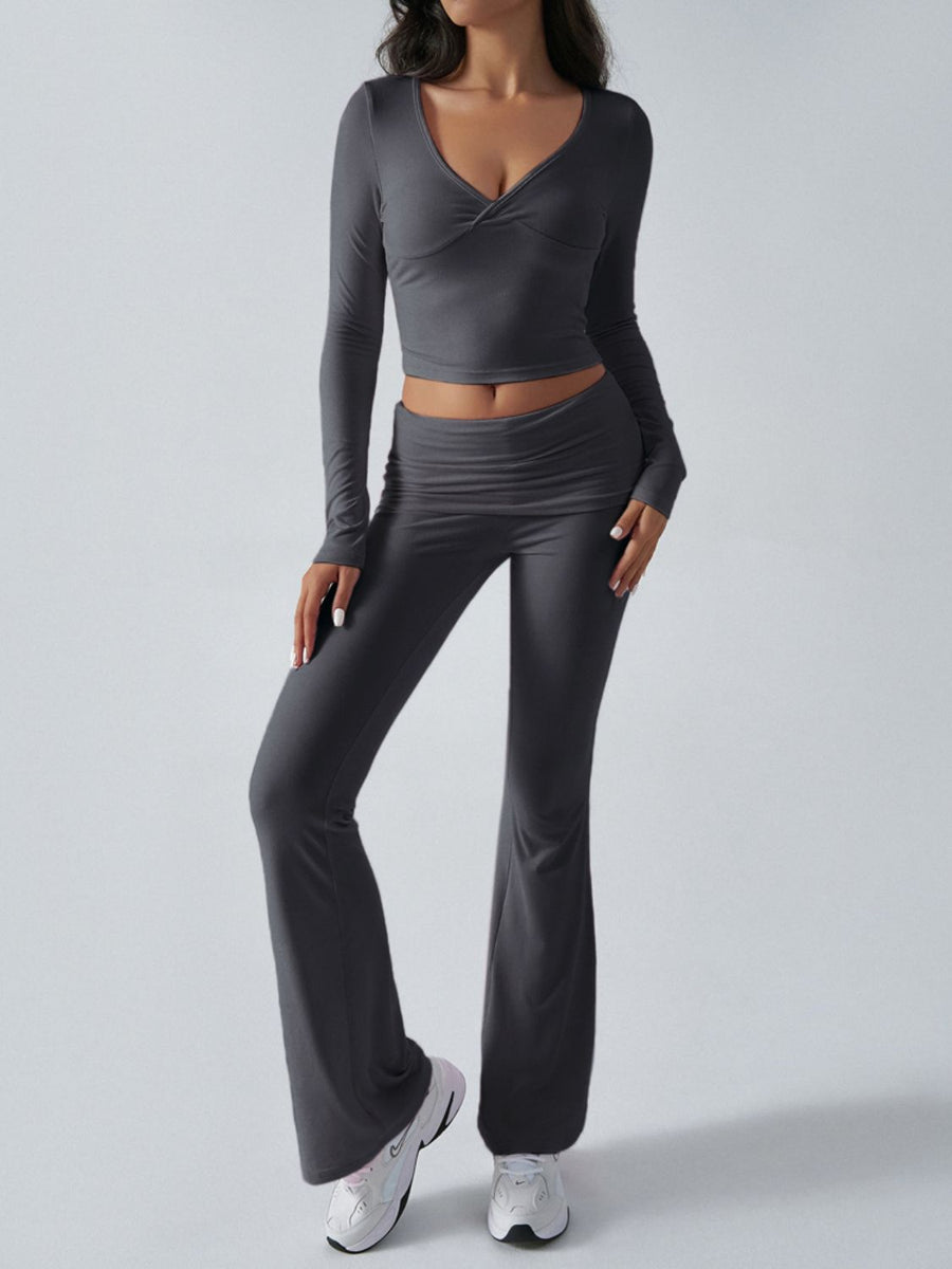 Dark Gray cross-front crop top and flare lounge pants set with a v-neckline.