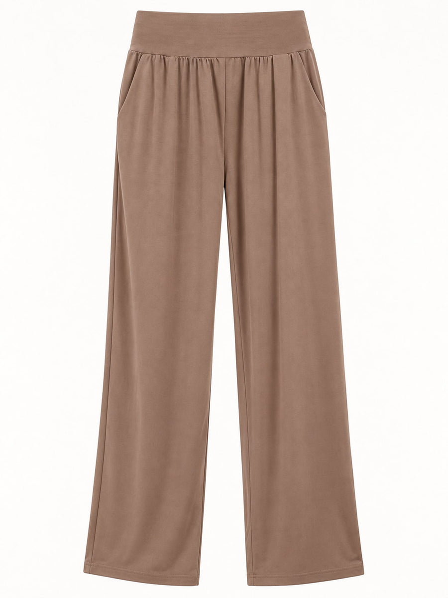 Pocketed High-Waisted Wide-Leg Pants in Army Green with pocketed