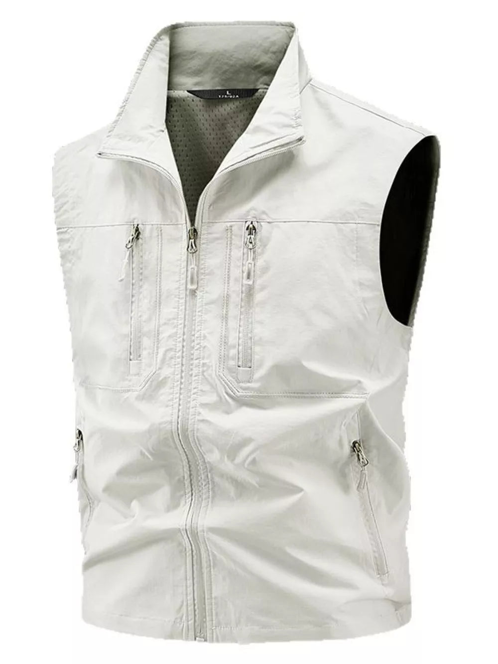 Men's beige multi-pocket outdoor vest with full zip and stand collar.