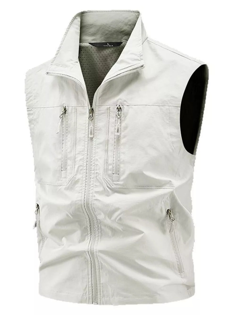 Men's beige multi-pocket outdoor vest with full zip and stand collar.