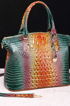 Exotic Crocodile Satchel Bag in Multicolor gradient finish with embossed texture and top handles.