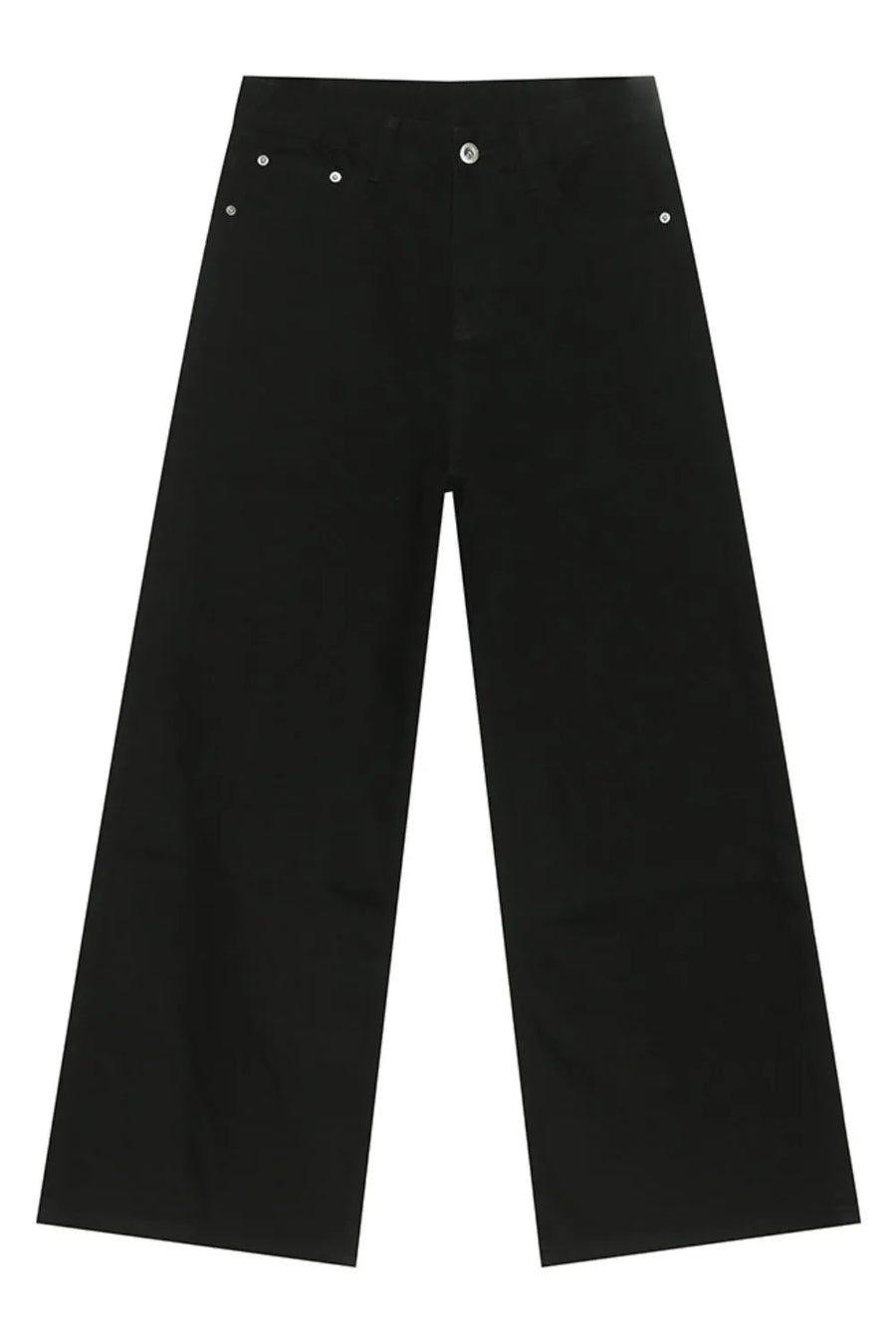 Black balloon leg jeans with a wide, straight cut and silver button details.