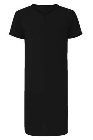 Black short sleeve sleep shirt dress with henley neckline and contrast trim