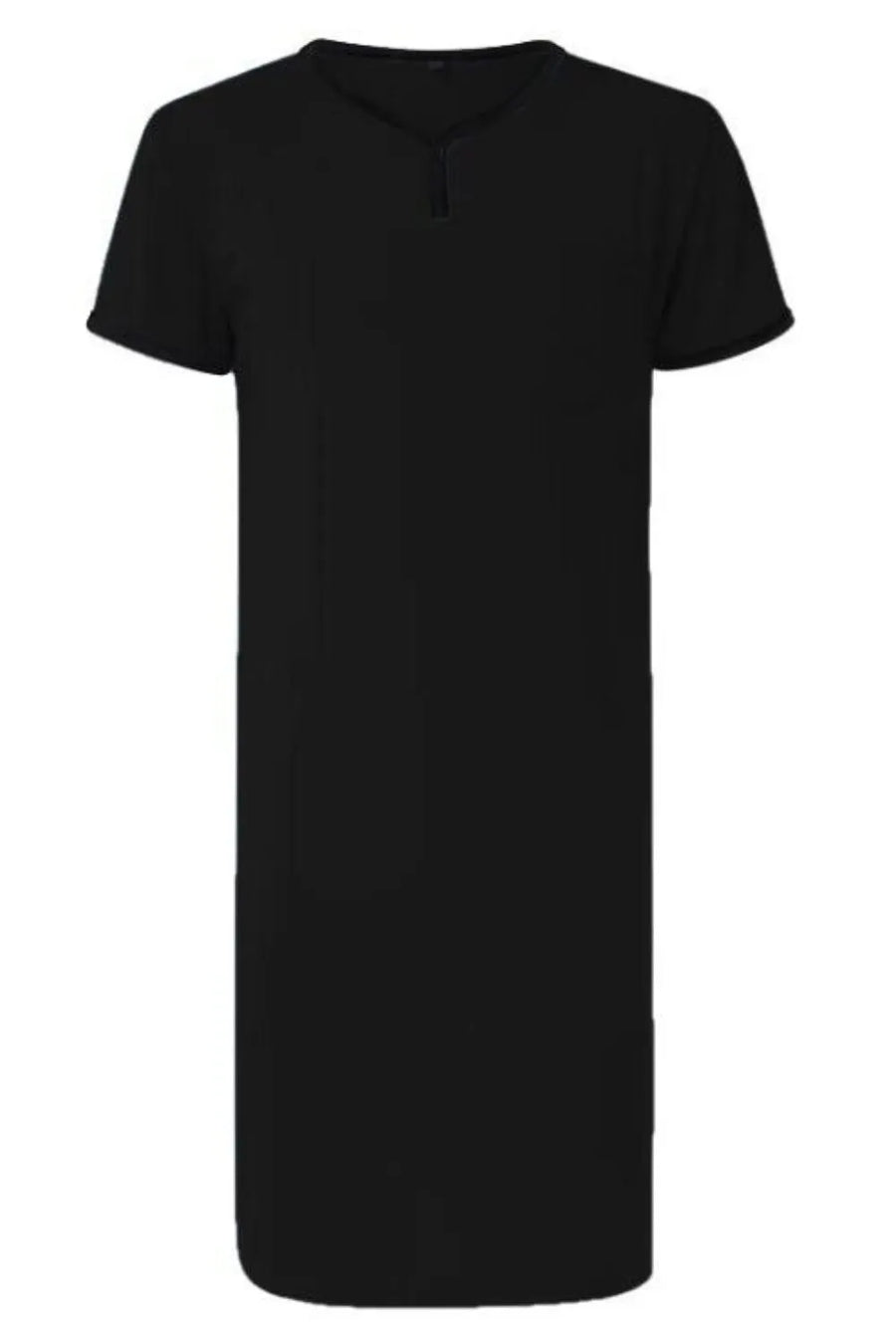 Black short sleeve sleep shirt dress with henley neckline and contrast trim