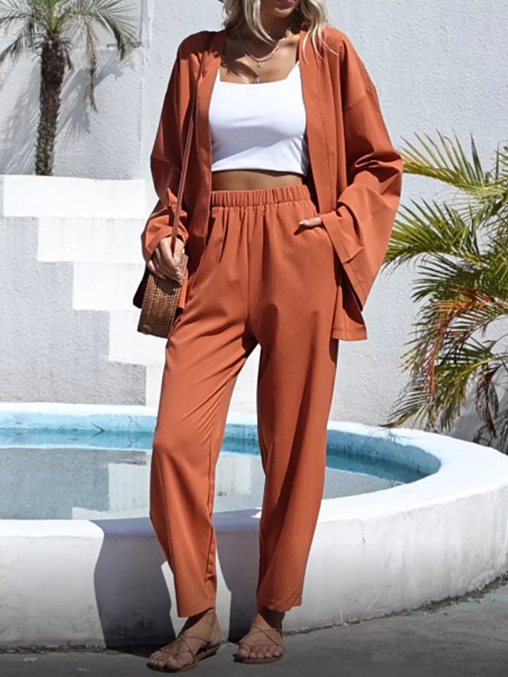 100% polyester Care instructions: Machine wash cold two-piece set in Beige with relaxed silhouette