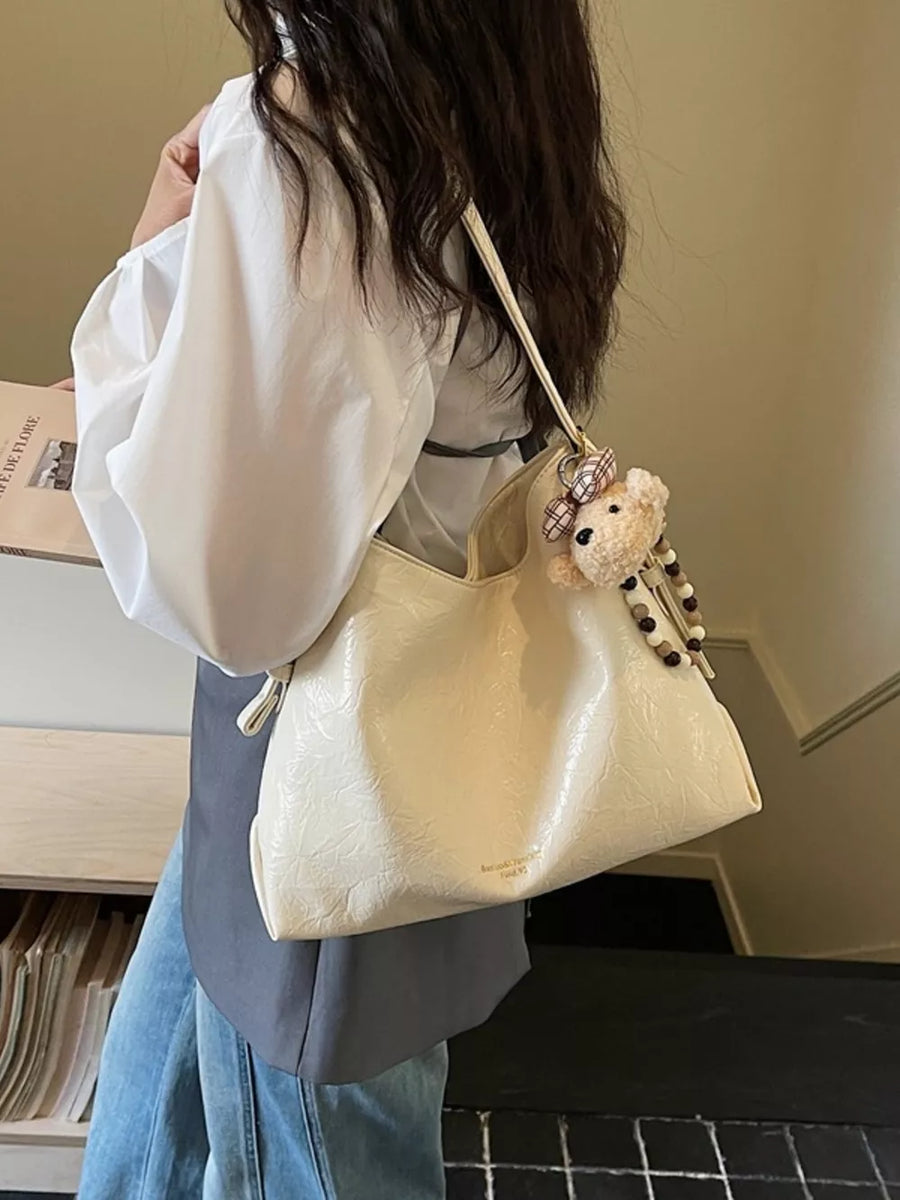 PU Leather Imported Size &amp shoulder bag in ivory with slouchy silhouette