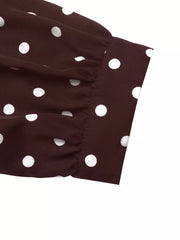 Polka Dot Long Sleeve Shirt Dress in Brown with buttoned