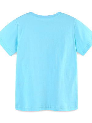 Toddler blue short sleeve t-shirt with crew neck and simple hem.