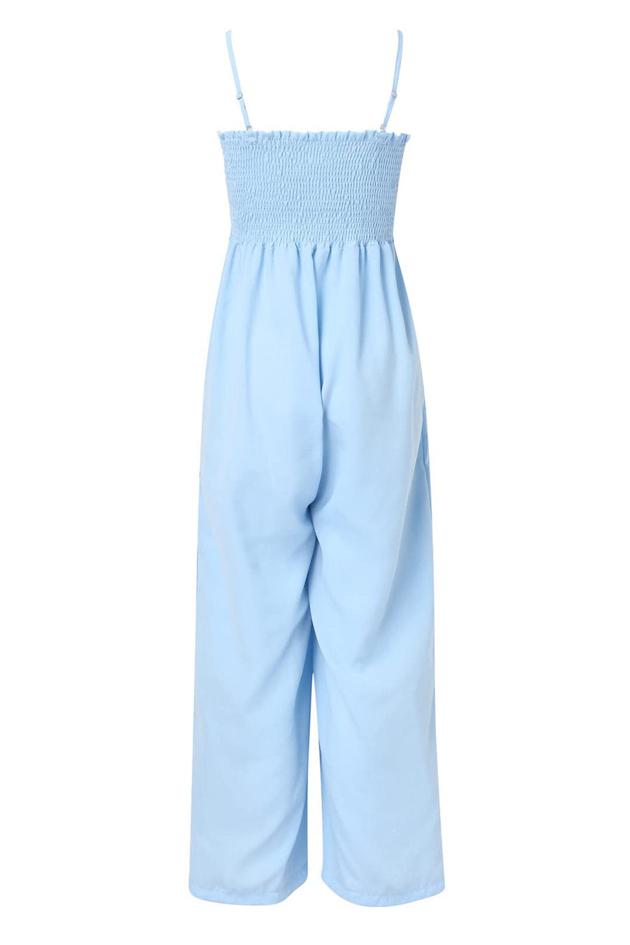 Light blue smocked bodice palazzo jumpsuit with adjustable spaghetti straps and wide legs.