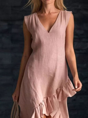 Dusty pink v-neck sleeveless dress with asymmetrical ruffle hem