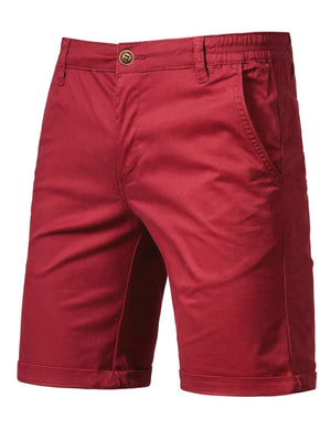 Relaxed-fit chino shorts in Deep Red with elastic waist and cuffed hem.