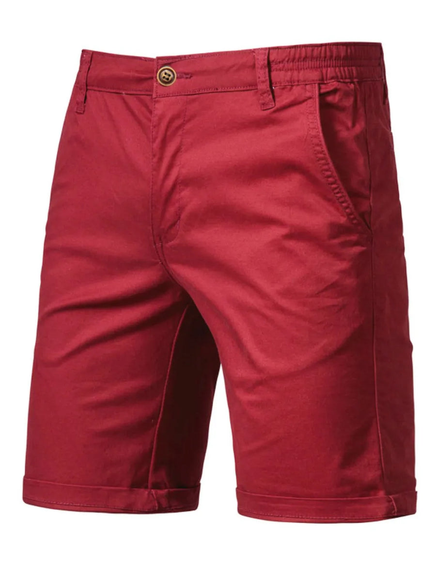 Relaxed-fit chino shorts in Deep Red with elastic waist and cuffed hem.