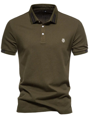 Olive brown textured polo shirt with striped collar and sleeve detail.