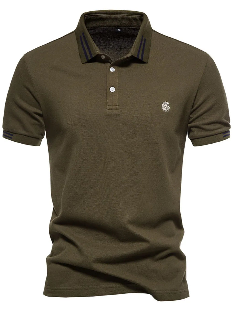 Olive brown textured polo shirt with striped collar and sleeve detail.