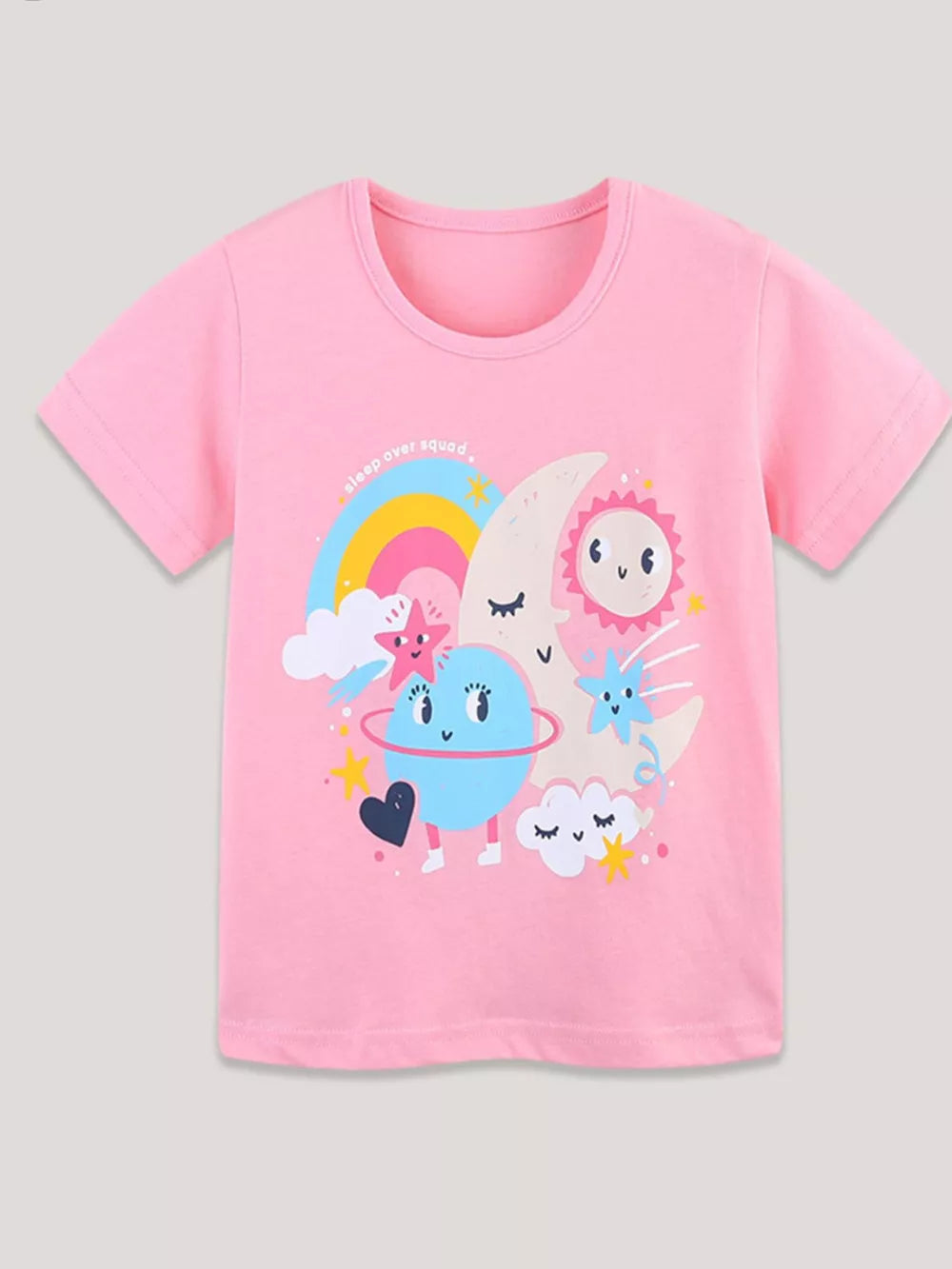 Pink cotton crew neck t-shirt with playful celestial graphic and rainbow.