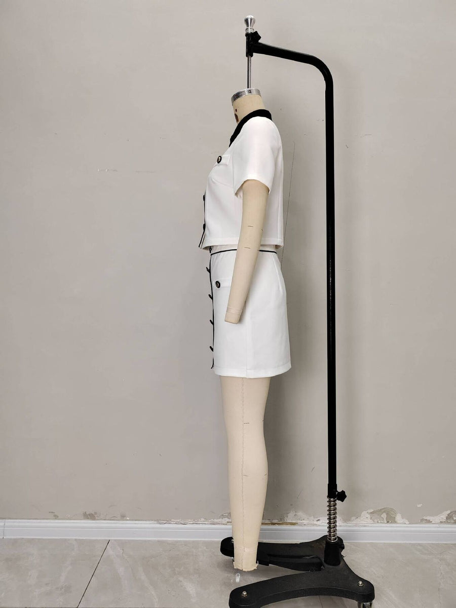 ivory two-piece set with cropped, mini and button-front