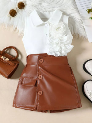 Brown faux leather skort with decorative buttons and pocket detail, paired with a white ruffled top.