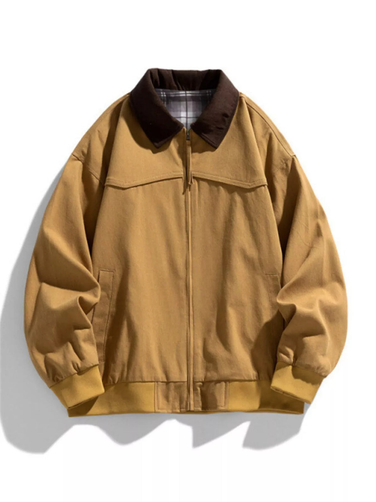 Oversized zip-up jacket in Deep Khaki with a plaid collar lining and ribbed cuffs.