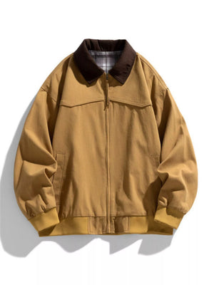 Oversized zip-up jacket in Deep Khaki with a plaid collar lining and ribbed cuffs.