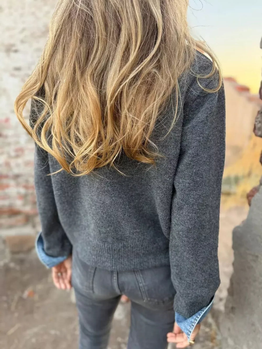Grey with Contrast Denim Trimmed Sweater Cardigan in Grey