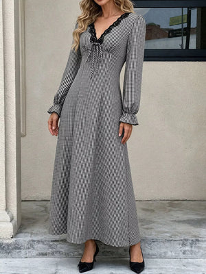 white maxi dress featuring lace and gingham