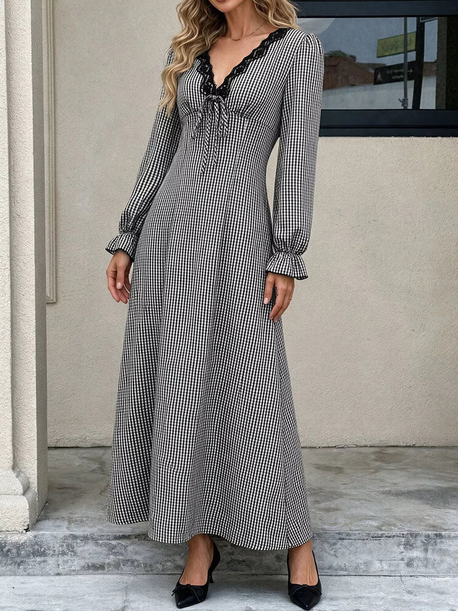 white maxi dress featuring lace and gingham