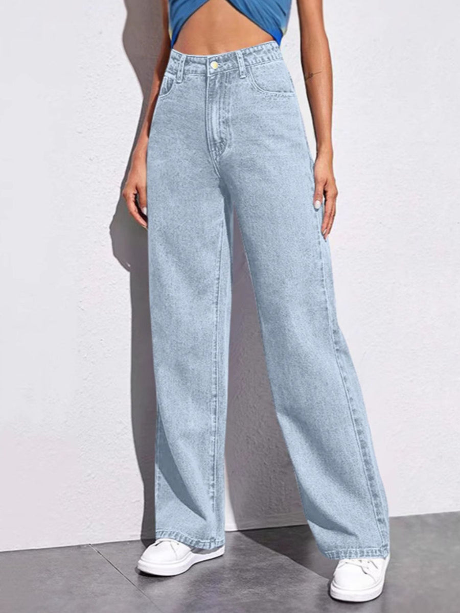 wide-leg jeans in charcoal with high-waisted and full-length