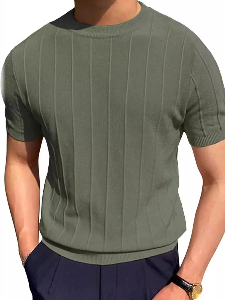 Ribbed knit crewneck tee in Sage with vertical stripe texture and short sleeves.