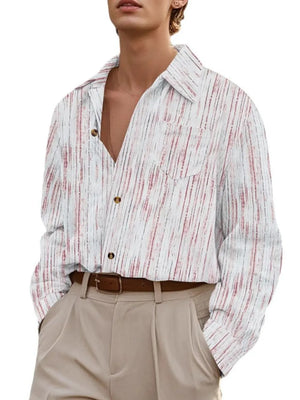 Textured stripe relaxed fit shirt in white with red stripes, button-down, and chest pocket.