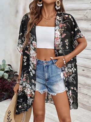 Sheer floral print lightweight open-front cardigan with short sleeves.
