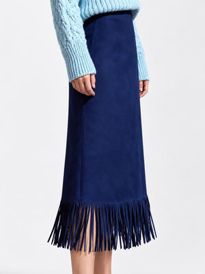 Slit High-Waisted Fringe Midi Skirt in Black with fringe