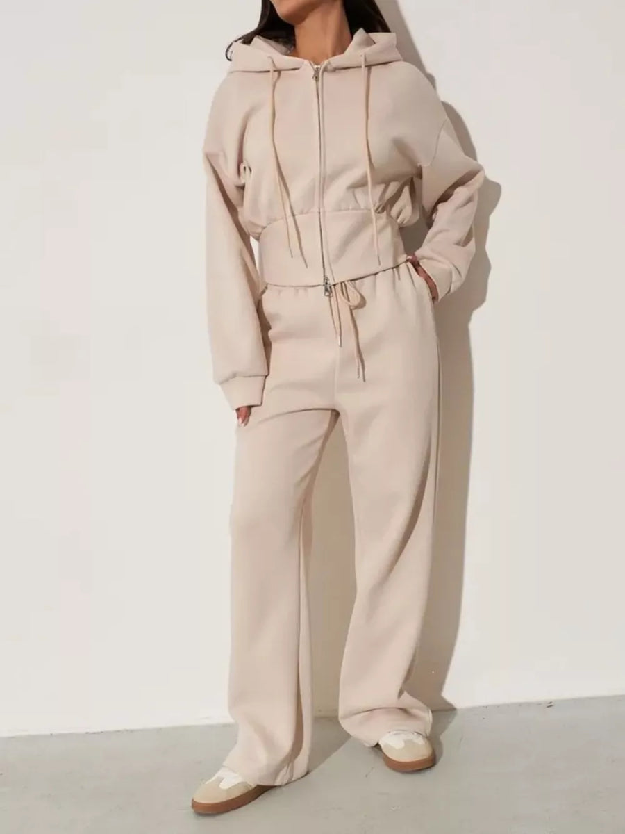 Zip-up Hoodie And Wide-leg Pants Set in Black