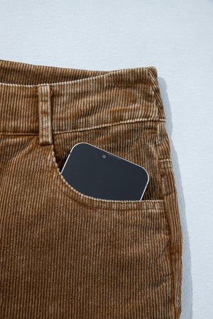 Straight Leg Corduroy Zip-Up Pants in Taupe with pocketed